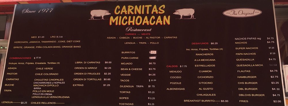 Carnitas Michoacan printed menu, photographed in 2018